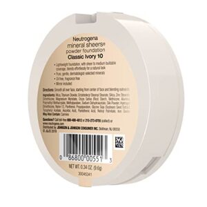 Neutrogena Mineral Sheers Compact Powder Foundation, Lightweight & Oil-Free Mineral Foundation, Fragrance-Free, Classic Ivory 10,.34 oz (Pack of 2)