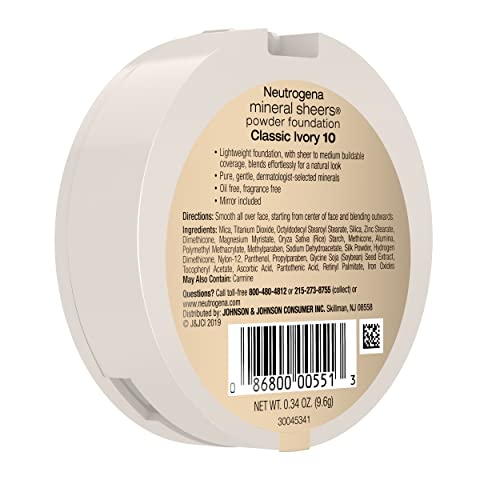 Neutrogena Mineral Sheers Compact Powder Foundation, Lightweight & Oil-Free Mineral Foundation, Fragrance-Free, Classic Ivory 10,.34 oz (Pack of 2)