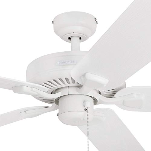 Honeywell Ceiling Fans Belmar, 52 Inch Traditional Indoor Outdoor LED Ceiling Fan with No Light, Pull Chain, Three Mounting Options, ETL Wet Rated, Reversible Motor - 50198-01 (White)