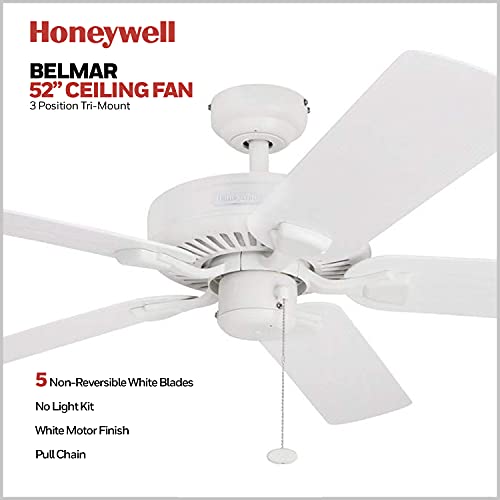 Honeywell Ceiling Fans Belmar, 52 Inch Traditional Indoor Outdoor LED Ceiling Fan with No Light, Pull Chain, Three Mounting Options, ETL Wet Rated, Reversible Motor - 50198-01 (White)