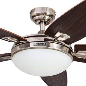 Honeywell Ceiling Fans Carmel, 48 Inch Contemporary Indoor LED Ceiling Fan with Light, Remote Control, Dual Mounting Options, Dual Finish Blades, Reversible Motor - 50196-01 (Brushed Nickel)