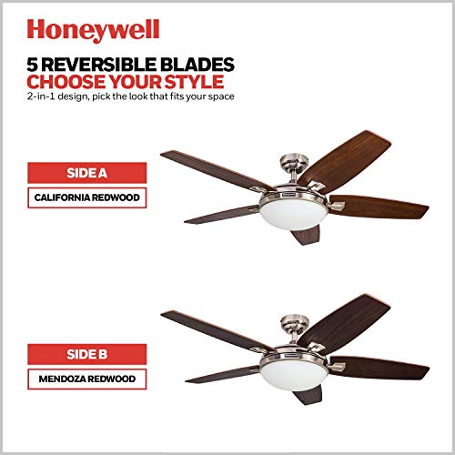 Honeywell Ceiling Fans Carmel, 48 Inch Contemporary Indoor LED Ceiling Fan with Light, Remote Control, Dual Mounting Options, Dual Finish Blades, Reversible Motor - 50196-01 (Brushed Nickel)