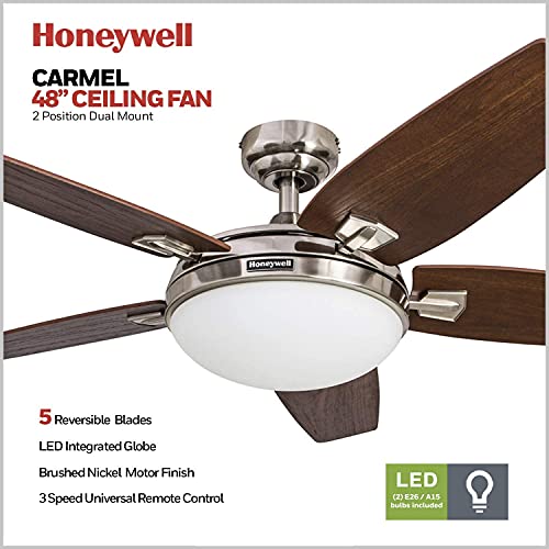 Honeywell Ceiling Fans Carmel, 48 Inch Contemporary Indoor LED Ceiling Fan with Light, Remote Control, Dual Mounting Options, Dual Finish Blades, Reversible Motor - 50196-01 (Brushed Nickel)