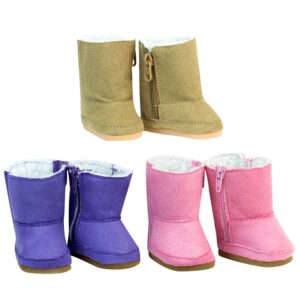 18 inch doll shoe pack includes 3 pairs of boots: tan, pink & purple boots
