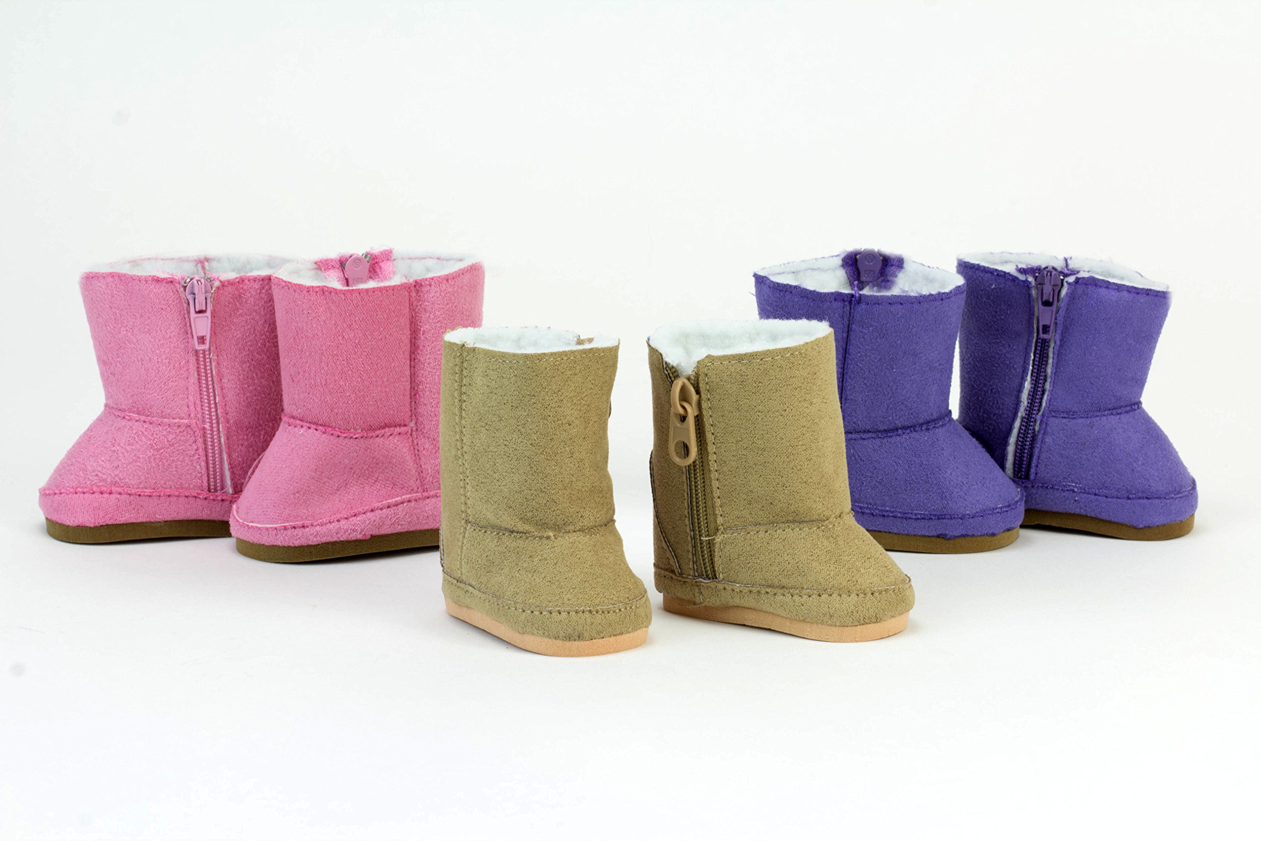 18 Inch Doll Shoe Pack Includes 3 Pairs of Boots: Tan, Pink & Purple Boots