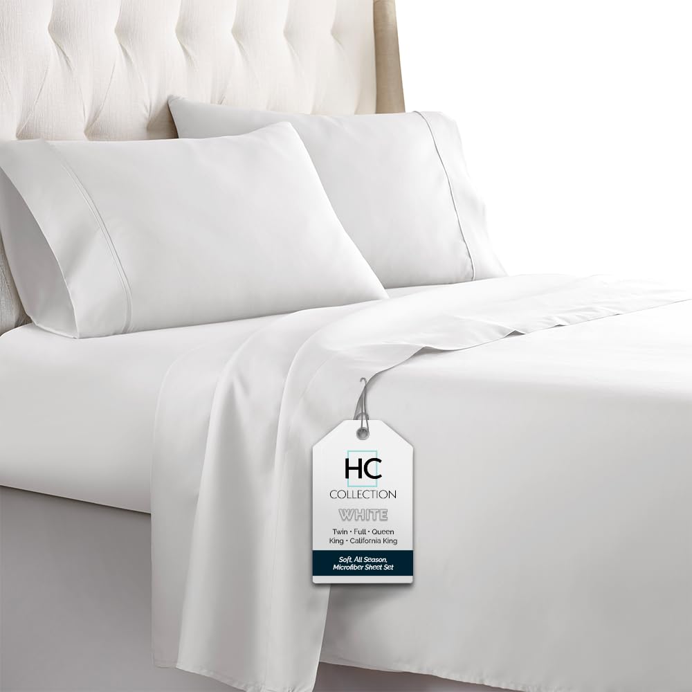 HC COLLECTION Full Size Bed Sheets, 4 pc Bed Sheets & Pillowcases Set - Machine Washable for Easy Care - Soft & Breathable All Season Microfiber Sheets with Deep Pockets - White