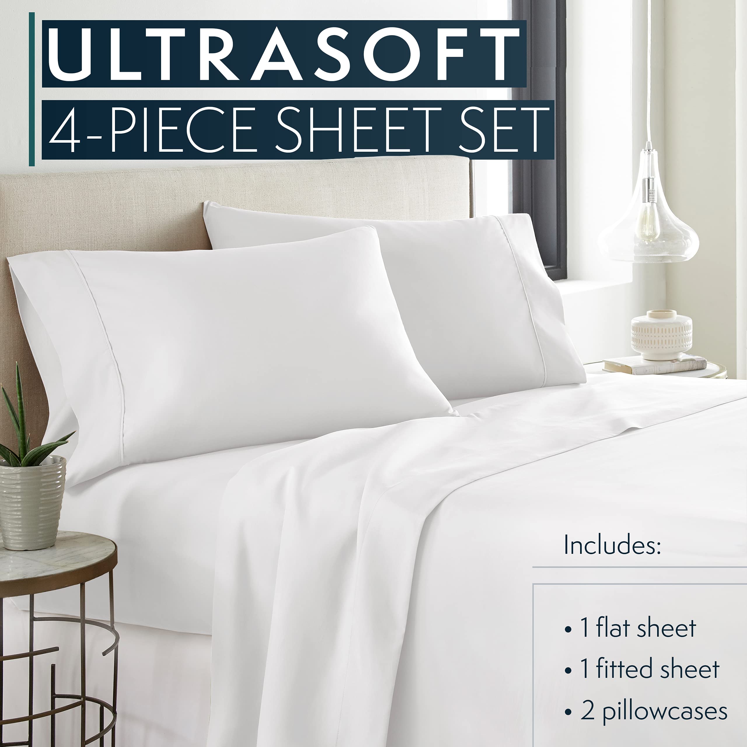 HC COLLECTION Full Size Bed Sheets, 4 pc Bed Sheets & Pillowcases Set - Machine Washable for Easy Care - Soft & Breathable All Season Microfiber Sheets with Deep Pockets - White