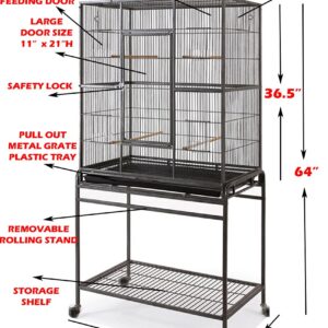 64" Extra Large Wrought Iron Side Nesting Box Doors for Flight Breeding Canary Parakeet Cockatiel Lovebird Finch Bird Flight Home Cage with Removable Rolling Stand