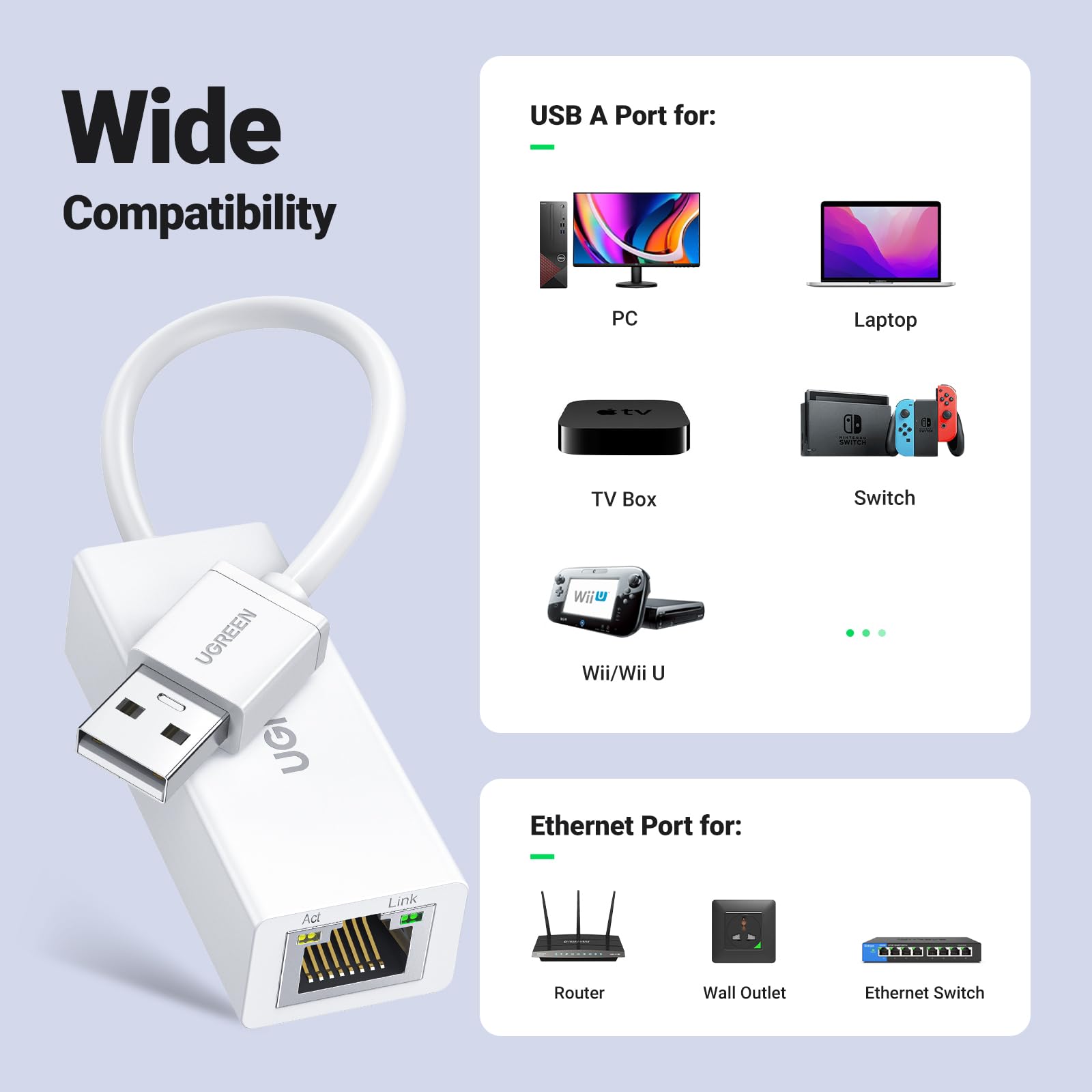 UGREEN Ethernet Adapter USB to 10 100 Mbps Network Adapter RJ45 Wired LAN Adapter for Laptop PC Compatible with Nintendo Switch Wii Wii U MacBook Chromebook Surface Windows macOS Linux White