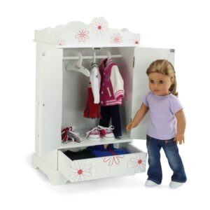 Emily Rose 18 Inch Doll Furniture Closet with 3 Clothing Hangers - Floral | USA Business | Wooden Doll Accessories Armoire Wardrobe Set - 18" Doll Clothes Storage Toy Playset