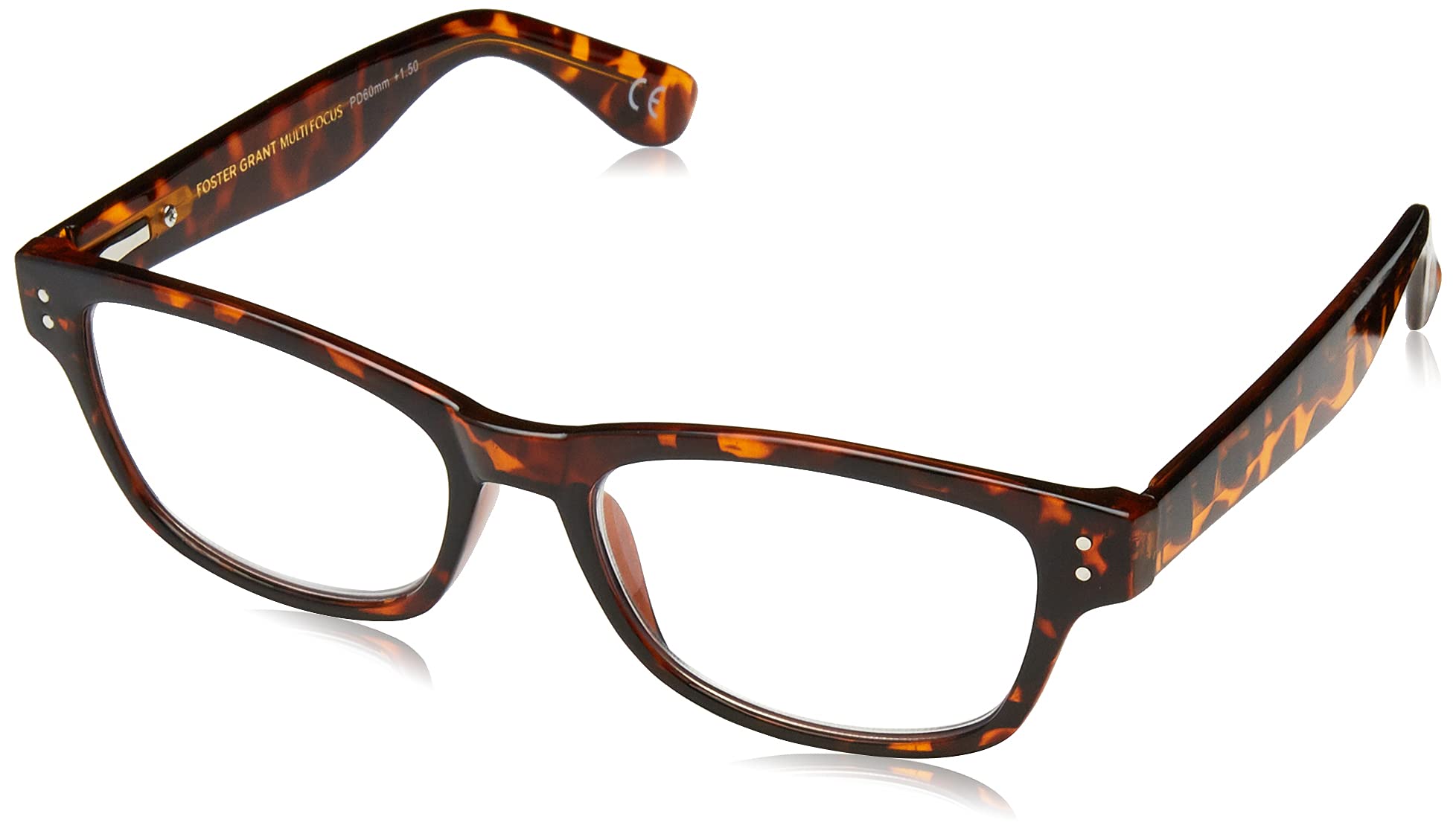 Foster Grant Conan Multifocus Rectangular Reading Glasses, Shiny Tortoise/Transparent, 54 mm + 1.5