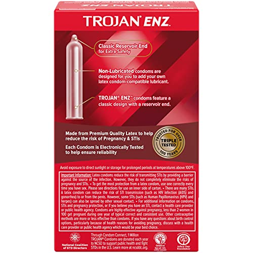 Trojan ENZ Condoms, STI Protection 12 Count, Non Lubricated, 1 Box