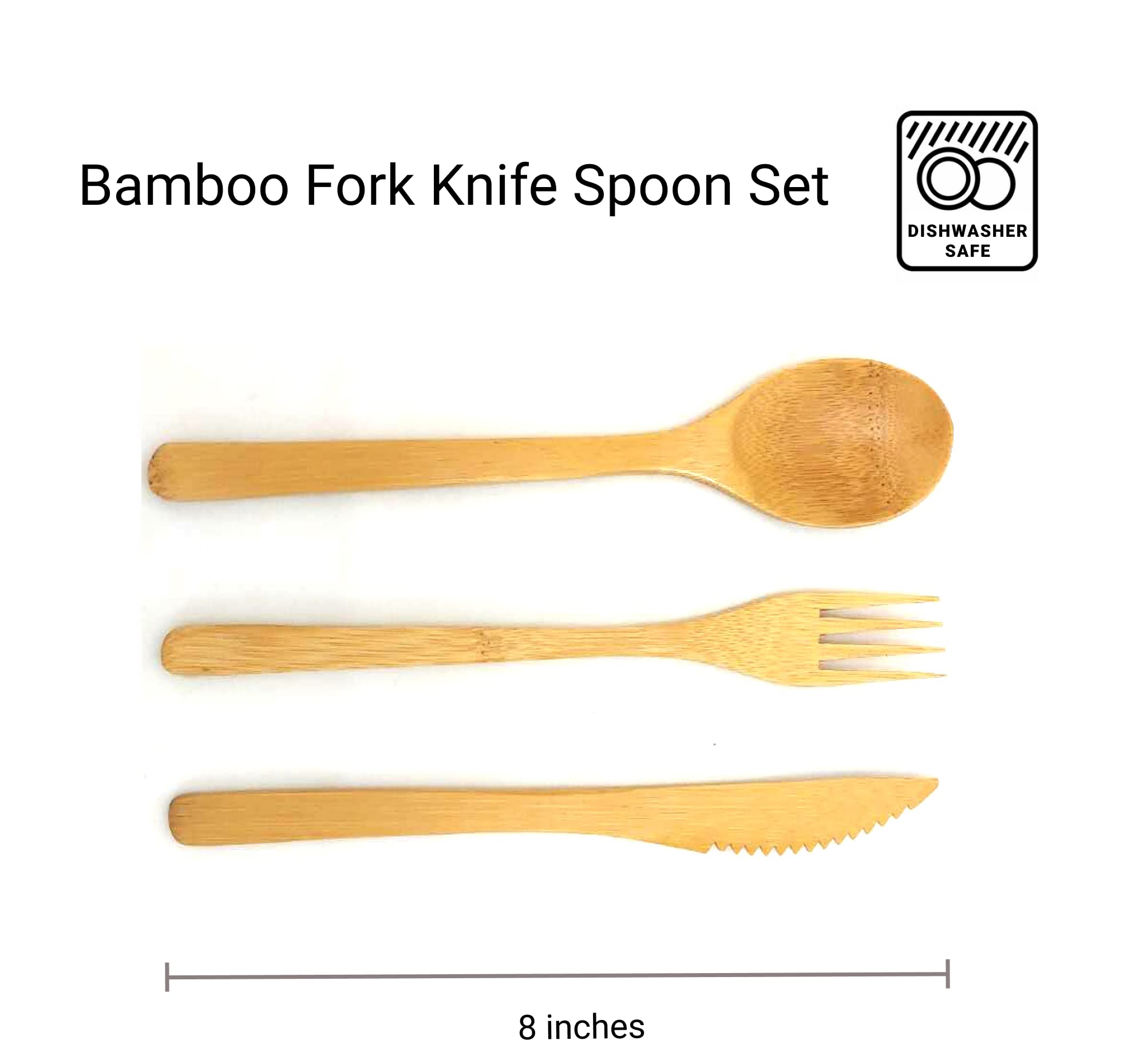 JapanBargain 3785, Bamboo Fork Knife Spoon Cutlery Utensils Flatware Set 3pc Reusable Dishwasher Safe, 8-inch, 1 Set