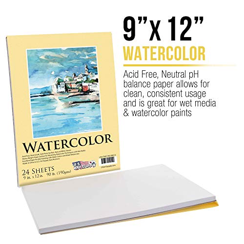 U.S. Art Supply 9" x 12" Premium Heavyweight Watercolor Painting Paper Pad, Pack of 2, 24 Sheets Each, 90 Pound (190gsm) - Cold Pressed, Acid-Free, Wet, Dry & Mixed Media - Artists, Students, Adults