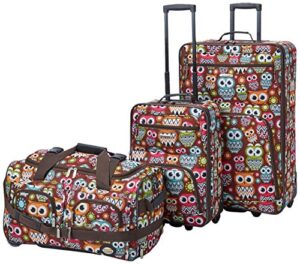 rockland vara softside 3-piece upright luggage set,expandable, owl, 20 inch,22 inch,28 inch