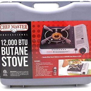 Chef Master 90235 Butane Countertop Stove 12,000 BTU, Professional Quality, Portable, with Carry Case, High Performance, Electronic Ignition, Brass Burner, Double Wind Guard, 1 Burner