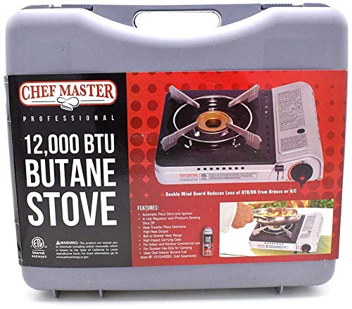 Chef Master 90235 Butane Countertop Stove 12,000 BTU, Professional Quality, Portable, with Carry Case, High Performance, Electronic Ignition, Brass Burner, Double Wind Guard, 1 Burner