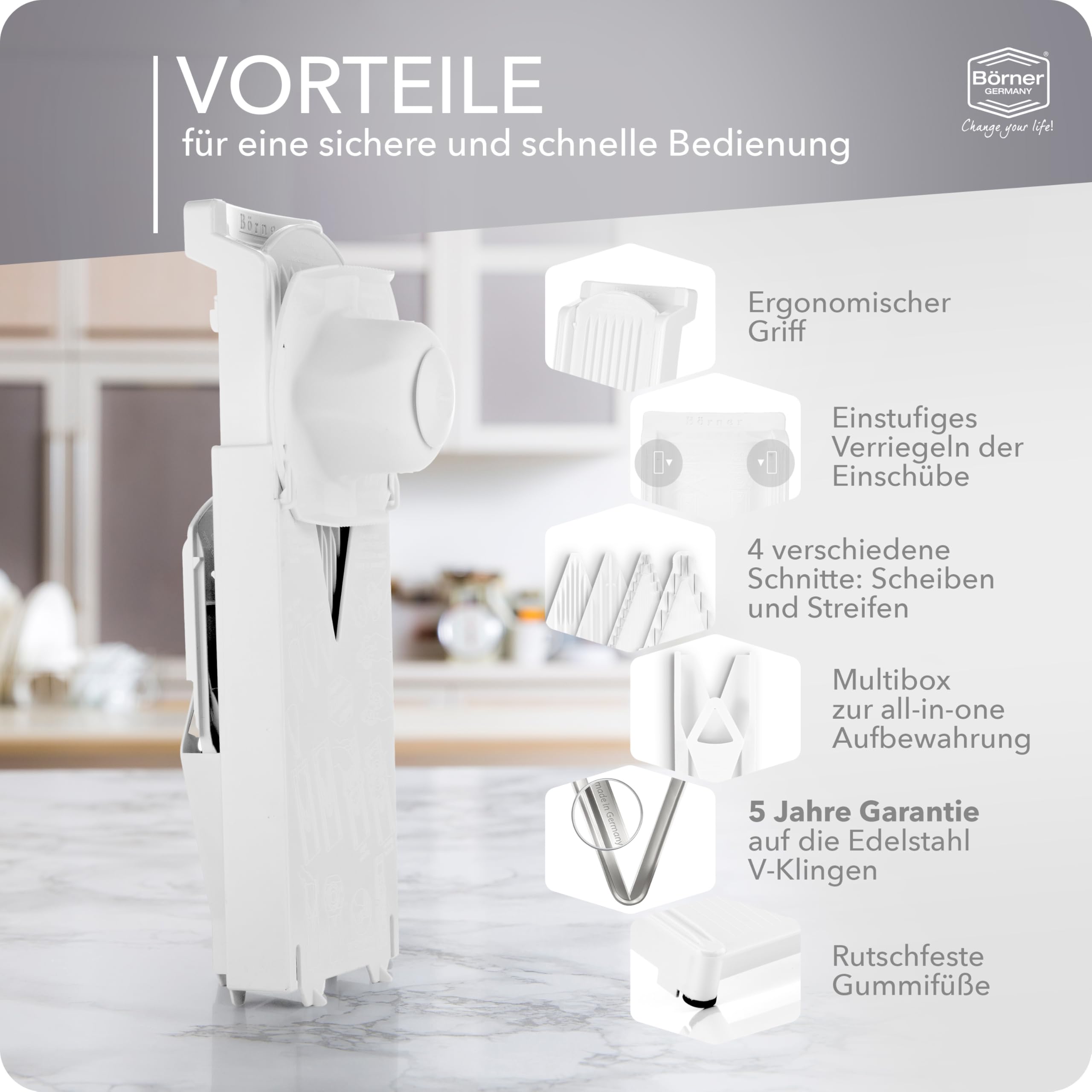 Börner V3 TrendLine Mandoline Starter Set (6 pcs.) • Vegetable Slicer (V-Slicer) + Safety Guard + Inserts + Collection Tray + Multibox • Kitchen Slicer Set (White)