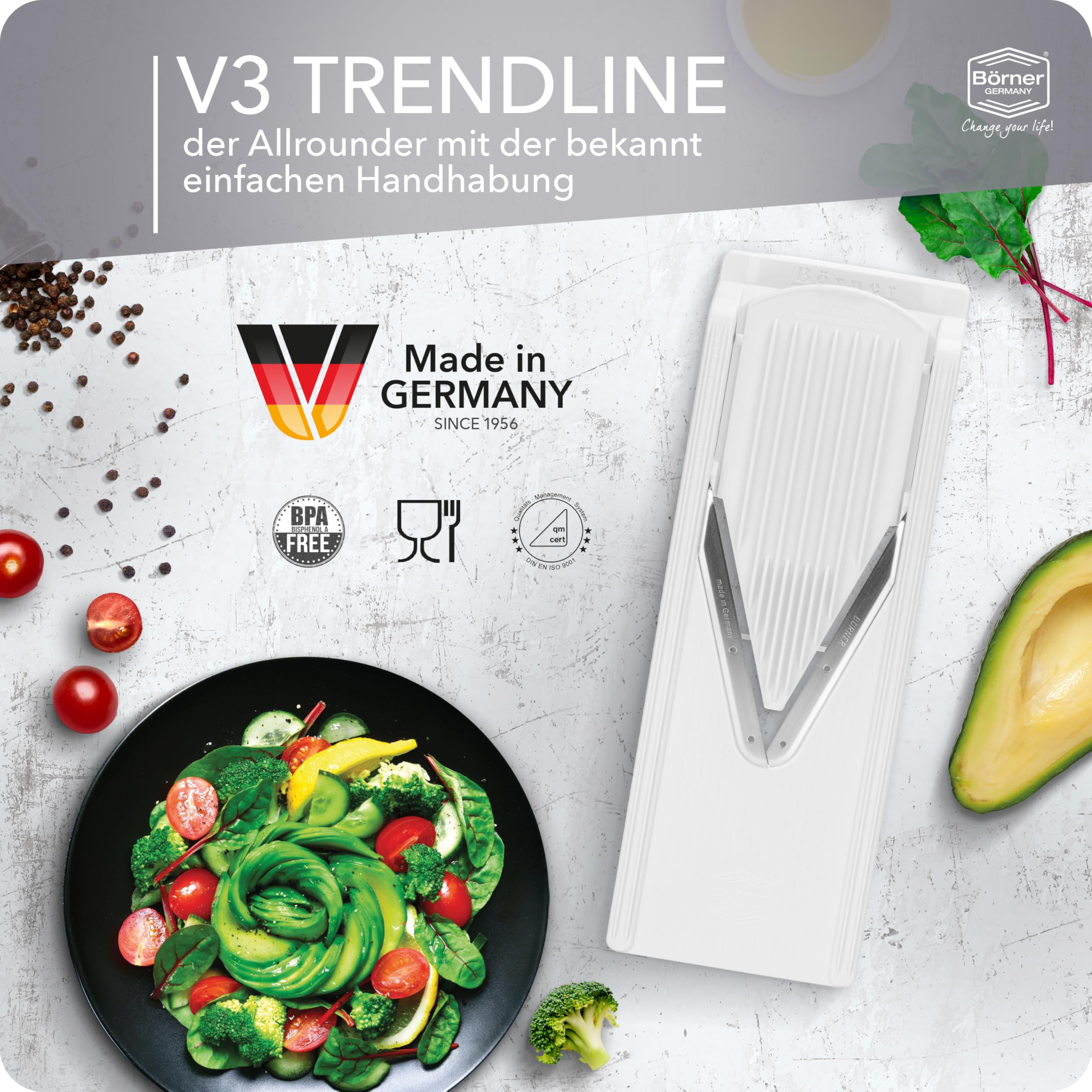 Börner V3 TrendLine Mandoline Starter Set (6 pcs.) • Vegetable Slicer (V-Slicer) + Safety Guard + Inserts + Collection Tray + Multibox • Kitchen Slicer Set (White)