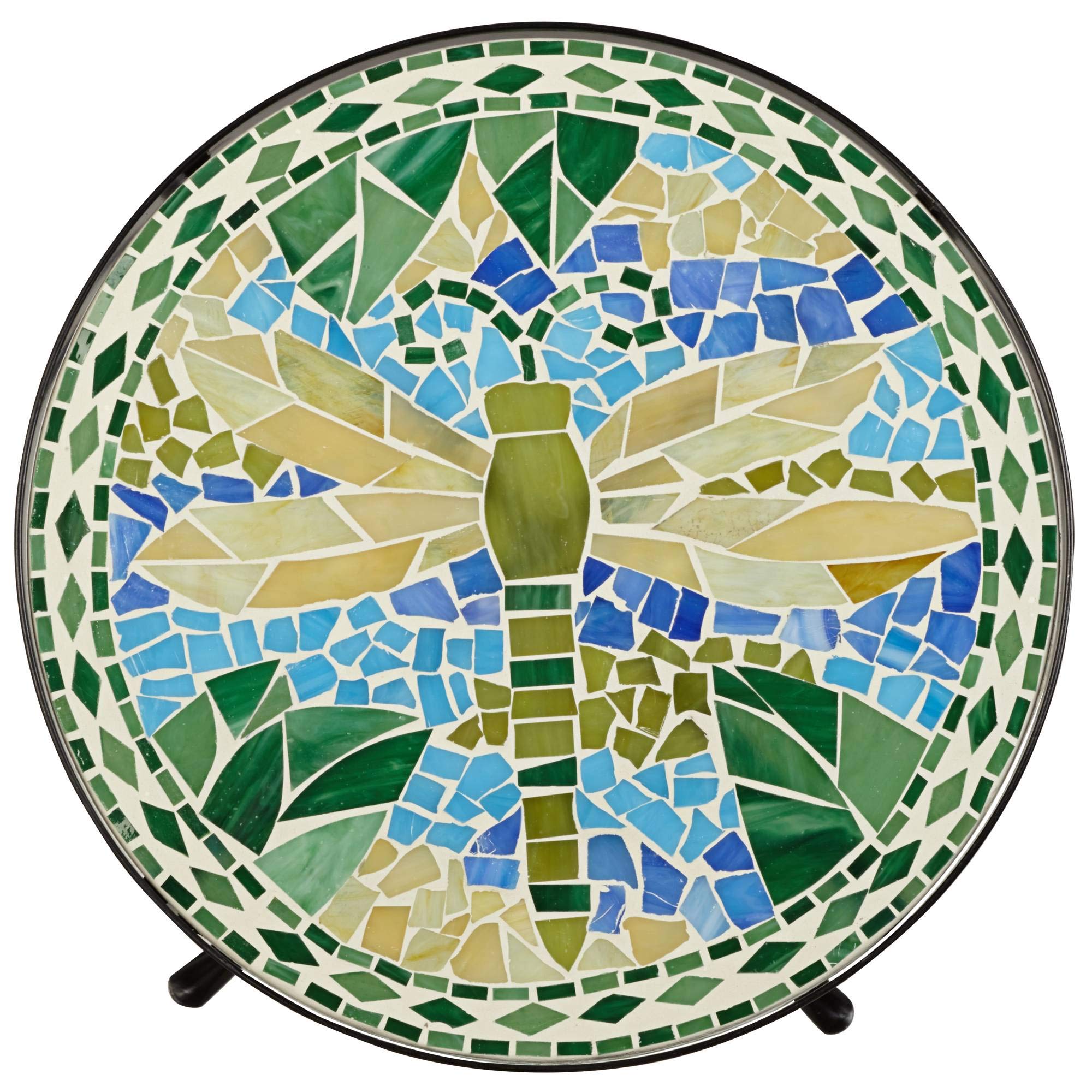 Teal Island Designs Dragonfly Modern Black Metal Round Outdoor Accent Side Table 14" Wide Blue Green Mosaic Tile Inlay Tabletop Gracefully Curved Legs for Spaces Porch Patio Home House Balcony Deck