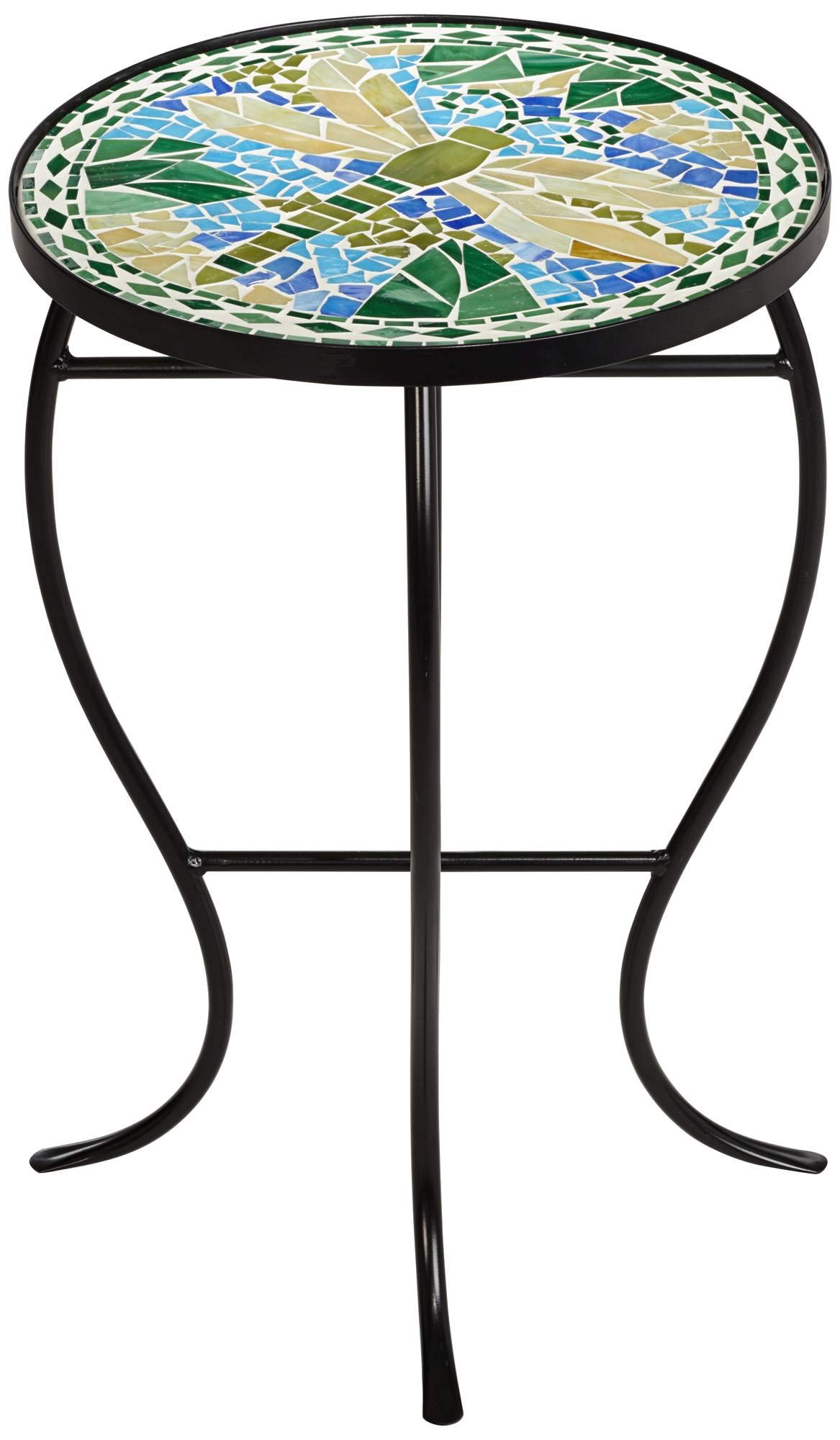 Teal Island Designs Dragonfly Modern Black Metal Round Outdoor Accent Side Table 14" Wide Blue Green Mosaic Tile Inlay Tabletop Gracefully Curved Legs for Spaces Porch Patio Home House Balcony Deck