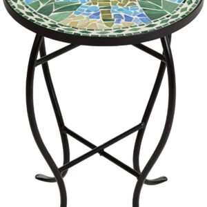 Teal Island Designs Dragonfly Modern Black Metal Round Outdoor Accent Side Table 14" Wide Blue Green Mosaic Tile Inlay Tabletop Gracefully Curved Legs for Spaces Porch Patio Home House Balcony Deck