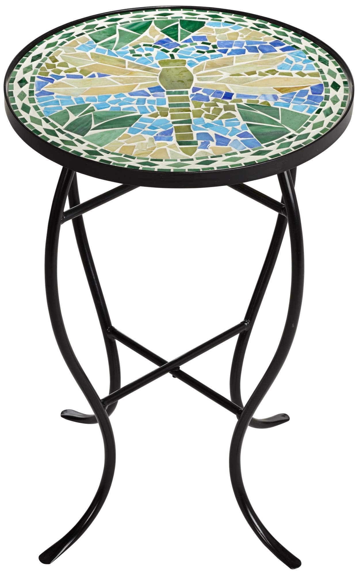 Teal Island Designs Dragonfly Modern Black Metal Round Outdoor Accent Side Table 14" Wide Blue Green Mosaic Tile Inlay Tabletop Gracefully Curved Legs for Spaces Porch Patio Home House Balcony Deck