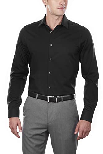 Calvin Klein Men's Dress Shirt Slim Fit Non Iron Herringbone, Black, 14.5" Neck 32"-33" Sleeve (Small)