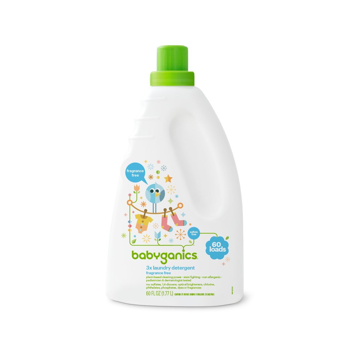 Babyganics 3X Baby Laundry Detergent, HE compatible, Stain-Fighting, Fragrance Free, 60 Fl Oz