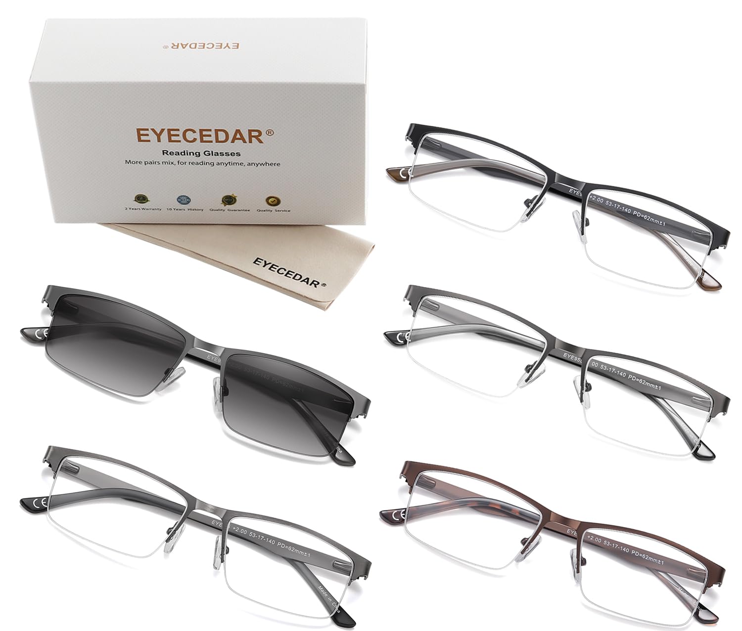 EYECEDAR 5-Pack Reading Glasses for Men Rectangular Metal Half-Frame Spring Hinges with Sun Readers Glasses Mens Readers 1.5