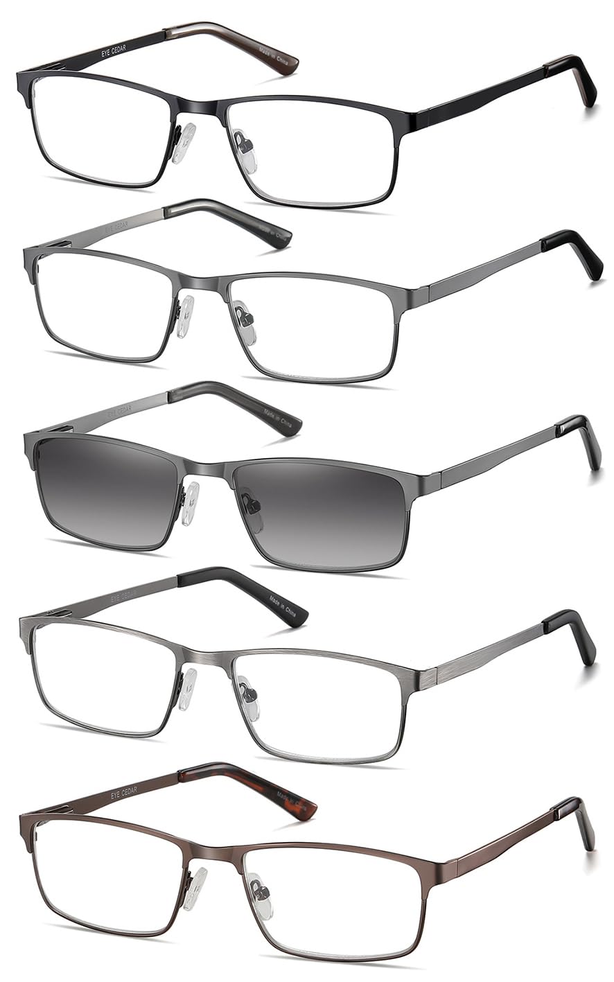 EYECEDAR 5-Pack Reading Glasses for Men Rectangular Metal Readers Eyeglasses Spring Hinges with Sun Readers Glasses Mens Readers 2.5