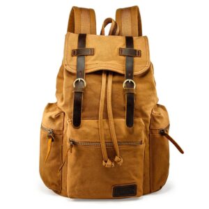 GEARONIC 21L Vintage Canvas Backpack for Men Women Leather Rucksack Knapsack 15 inch Laptop Tote Satchel College Military Army Shoulder Rucksack Hiking Bag-Yellow