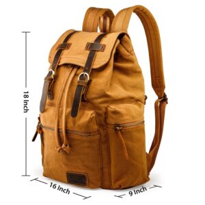 GEARONIC 21L Vintage Canvas Backpack for Men Women Leather Rucksack Knapsack 15 inch Laptop Tote Satchel College Military Army Shoulder Rucksack Hiking Bag-Yellow