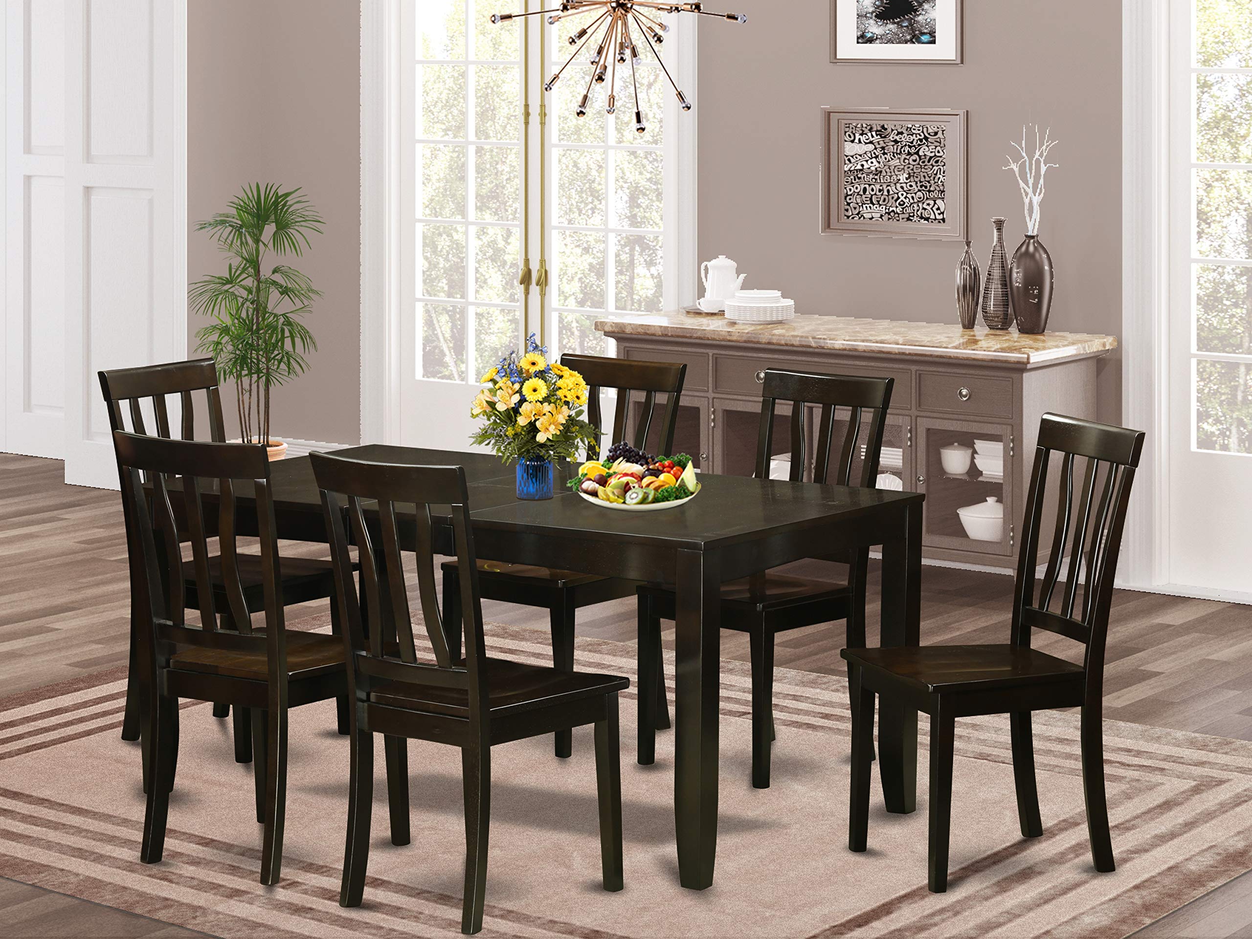 East West Furniture LYAN7-CAP-W Lynfield 7 Piece Kitchen Set Consist of a Rectangle Table with Butterfly Leaf and 6 Dining Room Chairs, 36x66 Inch, Cappuccino