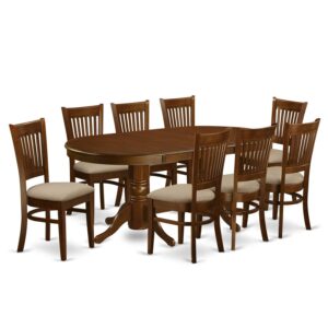 east west furniture vanc9-esp-c 9 piece modern dining table set includes an oval wooden table with butterfly leaf and 8 linen fabric upholstered dining chairs, 40x76 inch, espresso