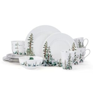 Mikasa Watercolor Forest Chip Resistant 16 Piece Dinnerware Set, Service for 4 White