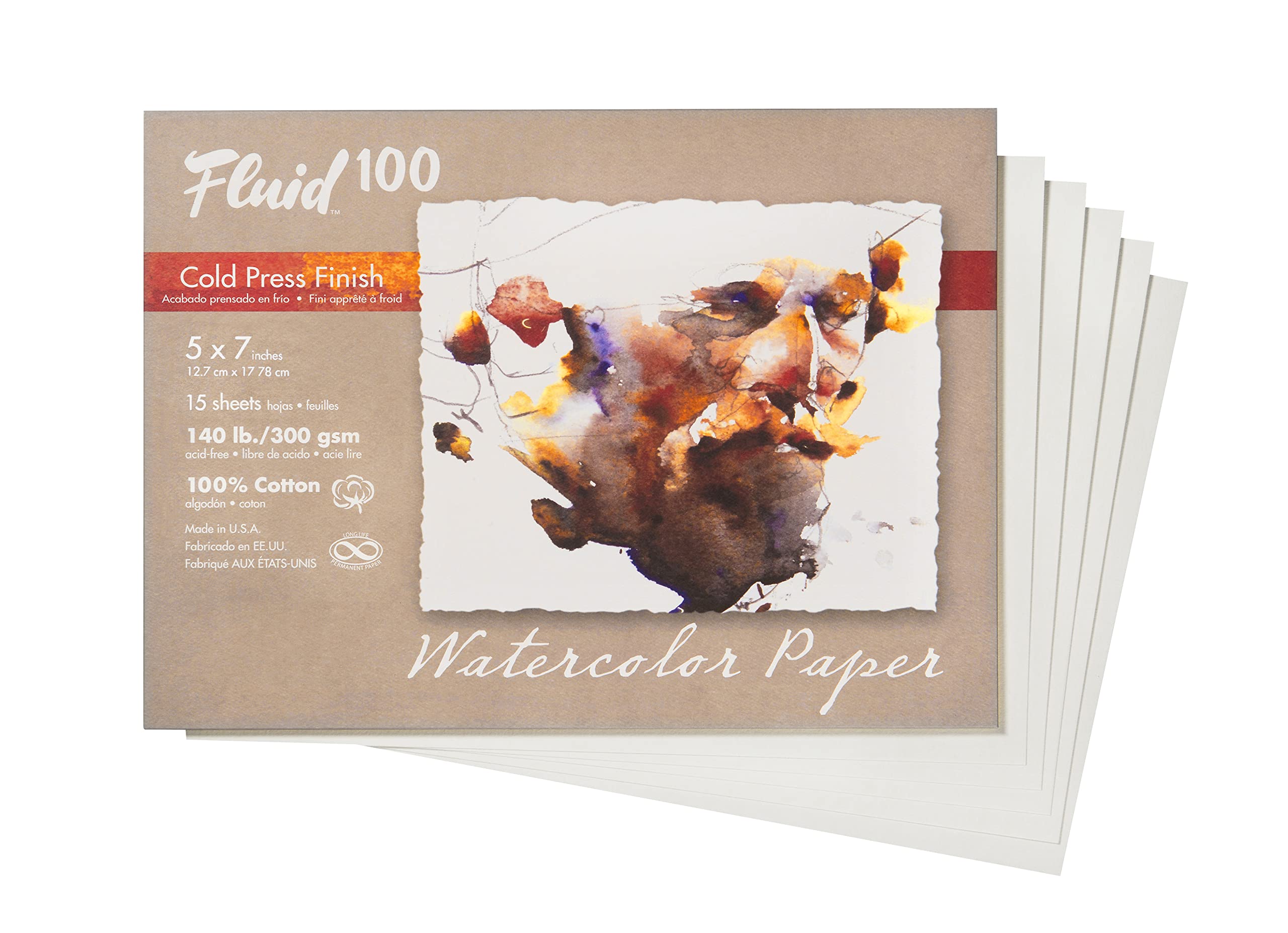 Fluid 100 Artist Watercolor Paper, 140 lb (300 GSM) 100% Cotton Cold Press for Watercolor Painting and Wet Media, 5 x 7 Pochette, 12 Sheets