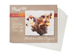 fluid 100 artist watercolor paper, 140 lb (300 gsm) 100% cotton cold press for watercolor painting and wet media, 11 x 14 pochette, 8 sheets