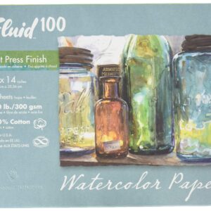 Fluid 100 Artist Watercolor Paper, 140 lb (300 GSM) 100% Cotton Hot Press for Watercolor Painting and Wet Media, 11 x 14 Pochette, 8 Sheets