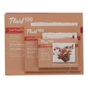 Fluid 100 Artist Watercolor Paper, 300 lb (640 GSM) 100% Cotton Cold Press for Watercolor Painting and Wet Media, 8 x 10 Pochette, 10 Sheets