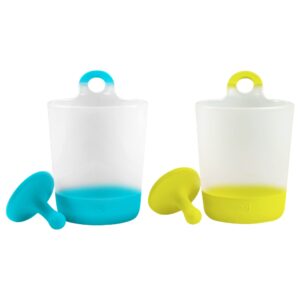 Puj–Phillup Cups, Hangable, Rinse-and-Play Reusable Plastic Cups, Fun Cups for Kids, Set of 2 Kids Cups with 2 Grippy Hooks (Azul and Citron - 2Pack)