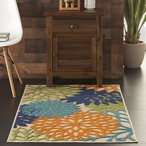 Nourison Aloha Indoor/Outdoor Multicolor 2'8" x 4' Area Rug, Tropical, Botanical, Easy Cleaning, Non Shedding, Bed Room, Living Room, Dining Room, Deck, Backyard, Patio (3x4)