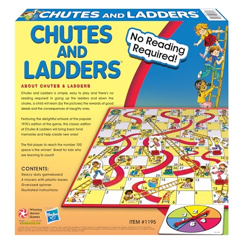 Classic Chutes And Ladders with 1970's Artwork by Winning Moves Games USA for Children Ages 3 and Up, Preschool Games for 2-4 players (1195)