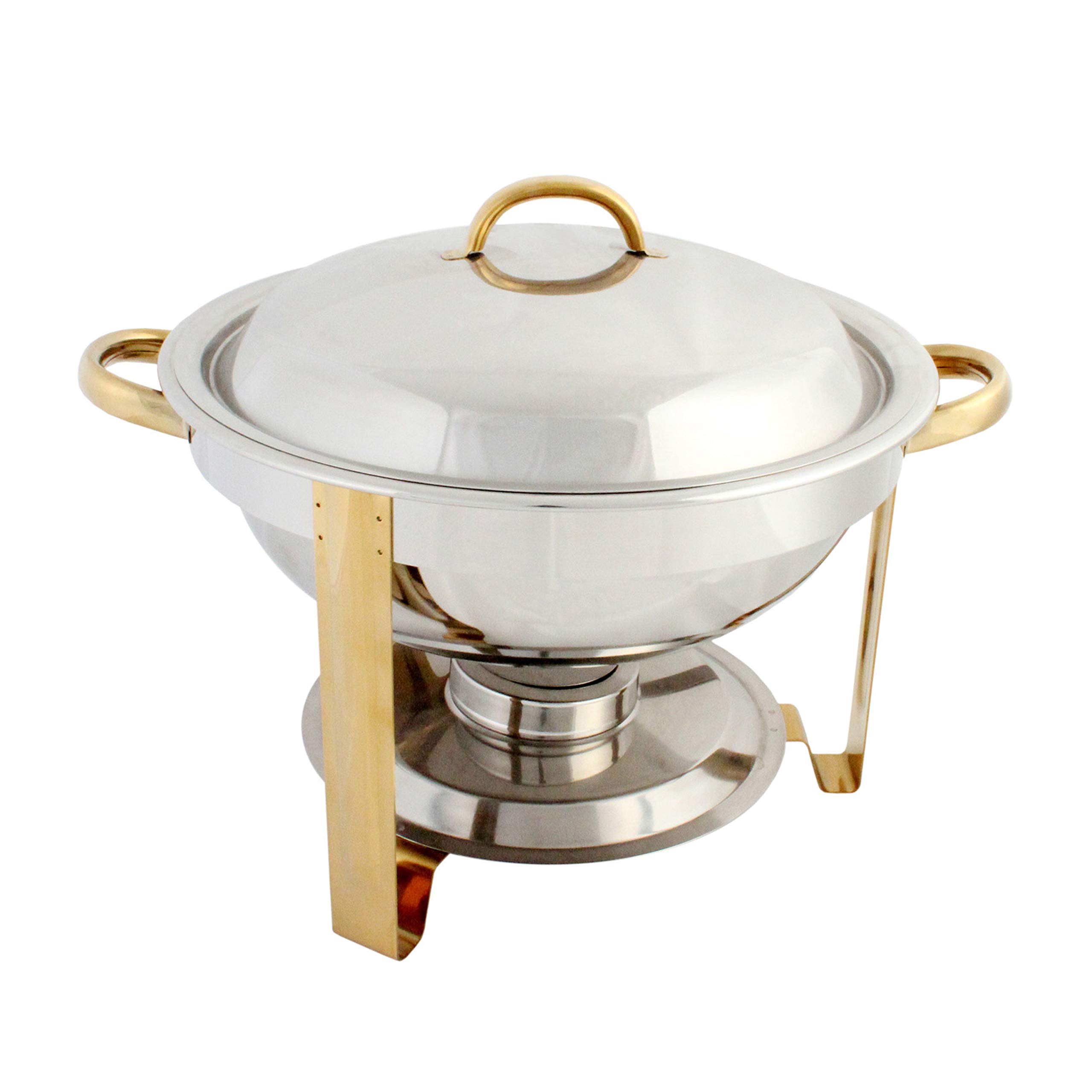 Thunder Group SLRCF0831GH Chafer, 4 Quart, Round, Lift-Off Cover, Fuel Holder, Gold Accents, Stainless Steel