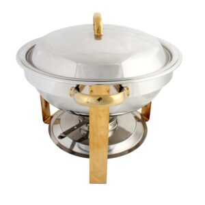 Thunder Group SLRCF0831GH Chafer, 4 Quart, Round, Lift-Off Cover, Fuel Holder, Gold Accents, Stainless Steel