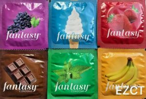 fantasy flavored condoms pack 48 condoms : variety of flavors such as vanilla, strawberry, mint, grape, chocolate, and banana. [the random fun that you will not know until you have used.]