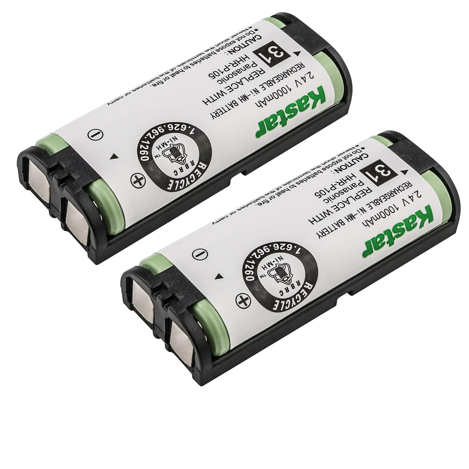 Kastar 2X HHRP105 NI-MH Battery Type 31 2.4V 1000mAh Replacement for Panasonic HHR-P105 HHR-P105A KX-242 KX-2420 KX-2421 KX-2422 KX-TG5779 KX-6702 KX-FG2451 KX-TG2411 KX-TG2424 KX-TG2620 KX-TGA241