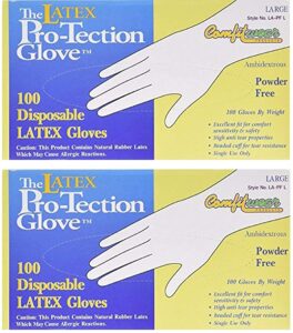 comfitwear disposable latex gloves, powder free size large, 200 gloves (2 boxes of 100 gloves)