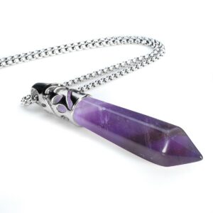 BEADNOVA Healing Crystal Necklace for Women Men Natural Amethyst Quartz Crystal Pendant Energy Healing Gemstones Jewelry Pendulum Crystal Divination (Hexagonal,18 Inches Stainless Steel Chain)