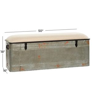 Deco 79 Metal Room Storage Bench Galvanized Entryway Bench with Cream Burlap Top, Bench 50" x 16" x 18", Gray